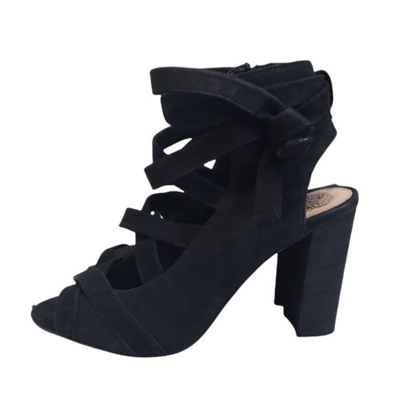 Vince Camuto Black Sammson Suede Leather Peep Toe Strappy Heel Sandal Women's 9 - Picture 2 of 13